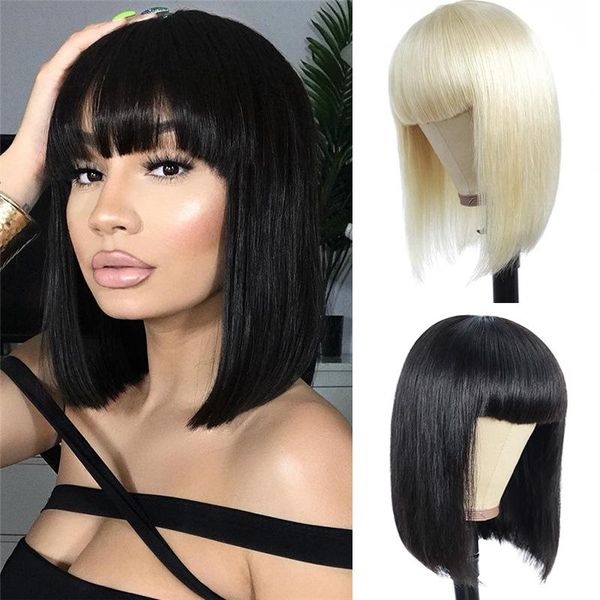 

lace wigs human hair natural blond straight bob haiir wig with bangs short honey blonde for women, Black;brown
