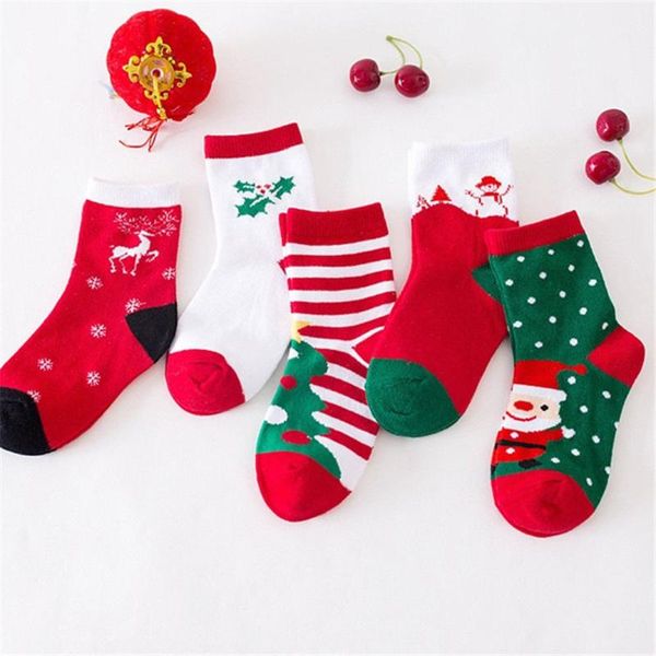 

socks 5pairs christmas 100% cotton baby boys girls winter year striped keep warm floor anti-slip children's 2-12 years, Pink;yellow