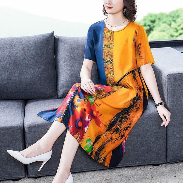 

casual dresses 2021 print mulberry silk boho midi spring summer 4xl plus size vintage runway dress elegant women bodycon party vestidos, Black;gray
