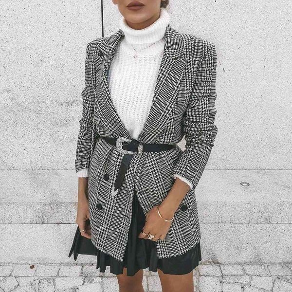 

vintage plaid long blazer jacket coat women autumn winter houndstooth double breasted jacket coat black windbreaker 210415, Black;brown