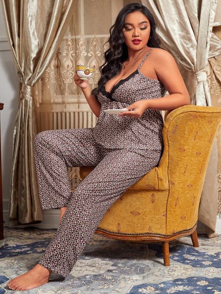 

plus leopard lace trim pj set w6et#, Black;white