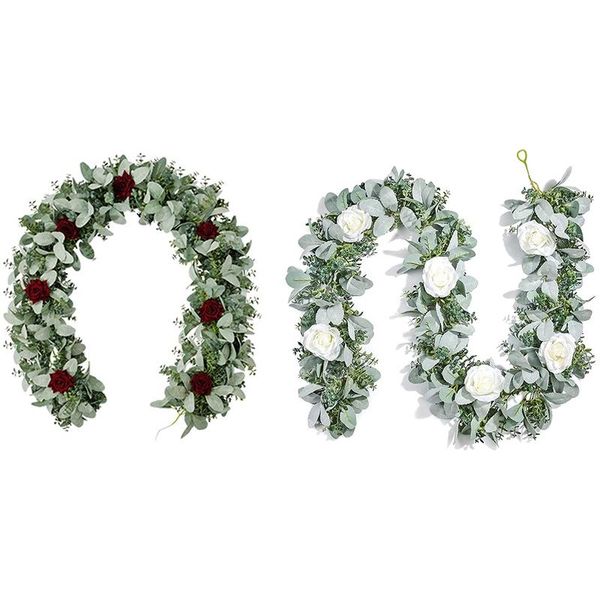 

decorative flowers & wreaths 6.7ft eucalyptus garland with flowers, lambs ear greenery white roses fake vines for wedding table mantle