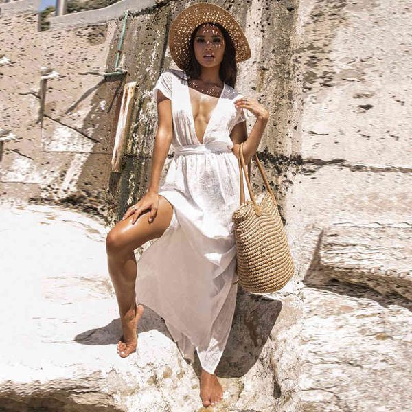 

casual dresses deep v neck backless maxi women robe side split white beach swm bikini cover up summer vestidos 4h0j, Black;gray