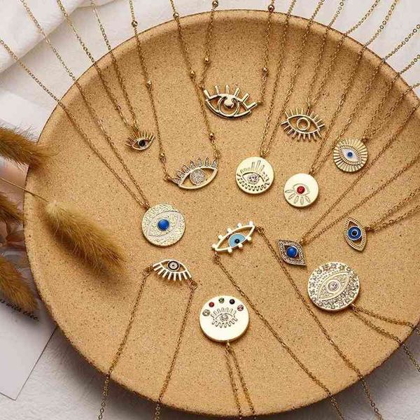 Summe Chic Gold Strass Evil Eye Anhänger Halsketten Für Frauen Böhmischen Charme Runde Münze Kragen Halskette Türkischen Schmuck G1206