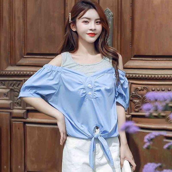 

women blouse summer korean-style loose striped fake two-piece vest shoulder korean fashion clothing white shirt 138g 210420