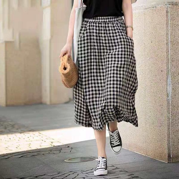 

casual dresses 2021 summer arts style women loose elastic waist mid-calf skirt all-matched plaid cotton linen a-line skirts w308 4p2s, Black;gray