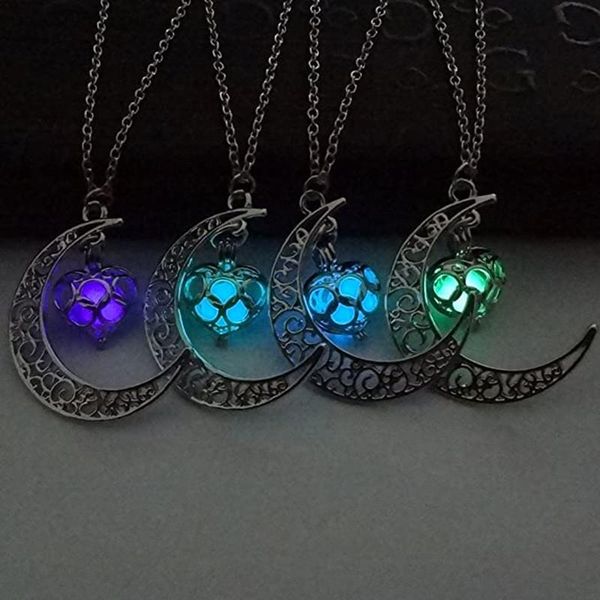 

pendant necklaces moon glowing necklace for women glow in the dark hollow luminous charm party jewelry halloween gifts, Silver