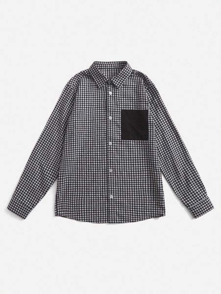 

men 1pc gingham print pocket patched shirt 20h8#, White;black
