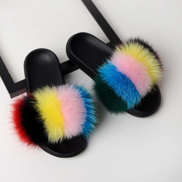 

slippers women summer real fur sliders flip flops non-slip fluffy slides beach shoes flat sandals female cute house s, Black