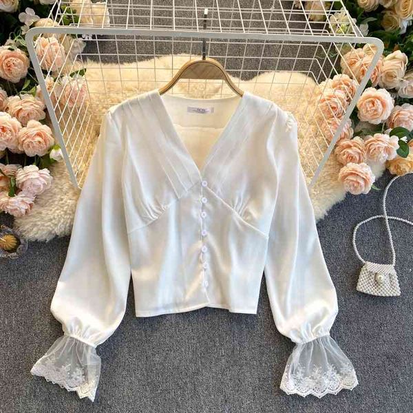 

korea elegant button v-neck shirt blouse for womens loose solid color puff sleeve office lady white women 210420