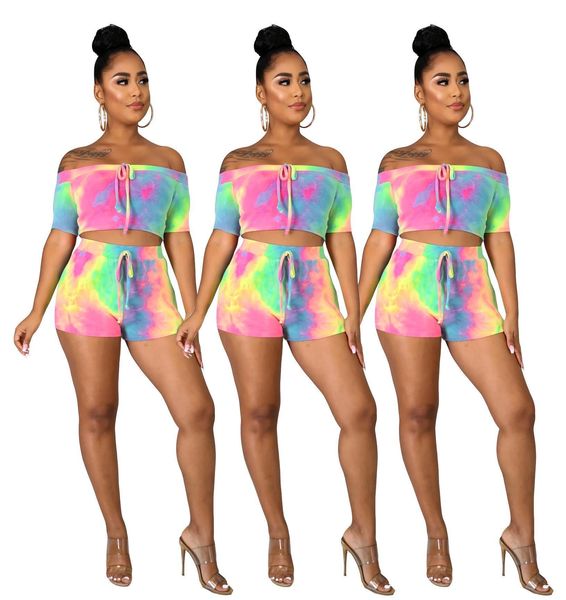 

tie dye set 2 women tracksuits piece summer sets outfits crop and short pantalon corto mujer off shoulder, Gray