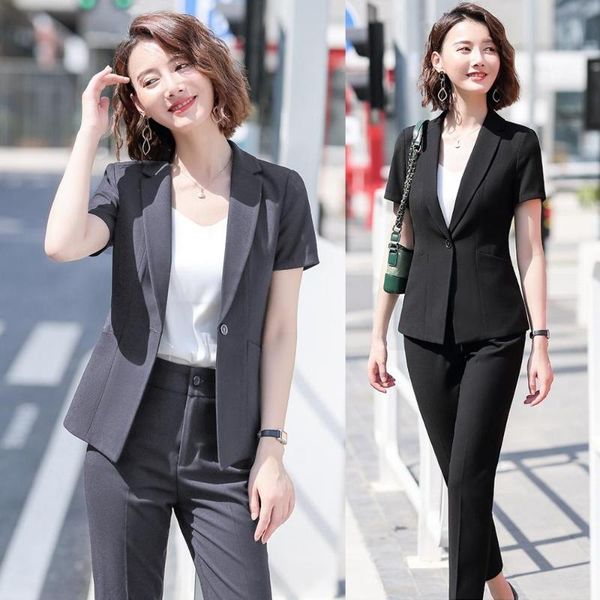 

women's suits & blazers summer formal ladies pant for women business black blazer and jacket sets work wear clothes short sleeve, White;black