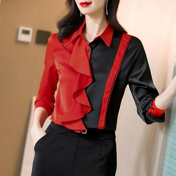 

korean silk women shirts long sleeve woman satin blouses ruffles shirt plus size lady blouse women's &, White