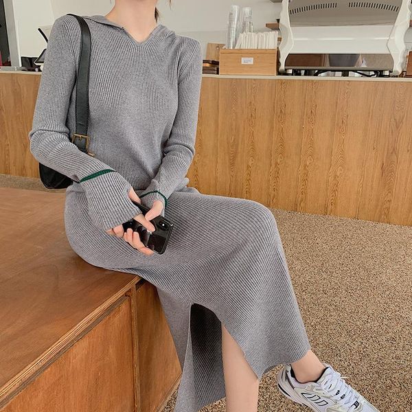 

casual dresses autumn hooded side split female knitted dress stretched sweater women ladies pullovers vestidos 2021, Black;gray