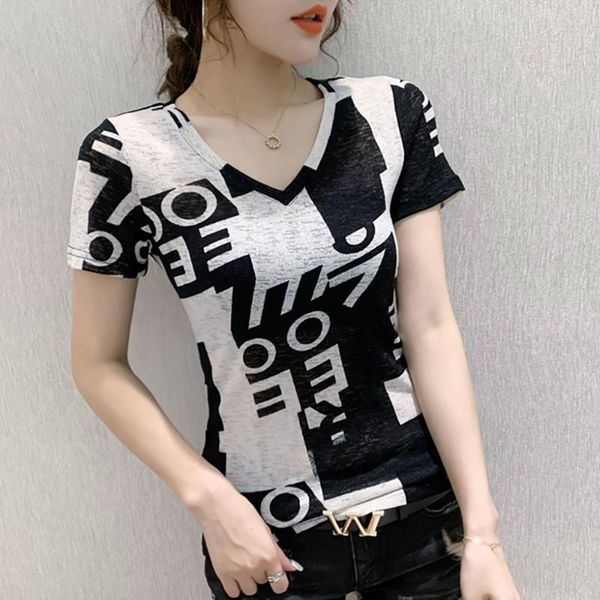

women's t-shirt v-neck short-sleeved slim slimming top, White