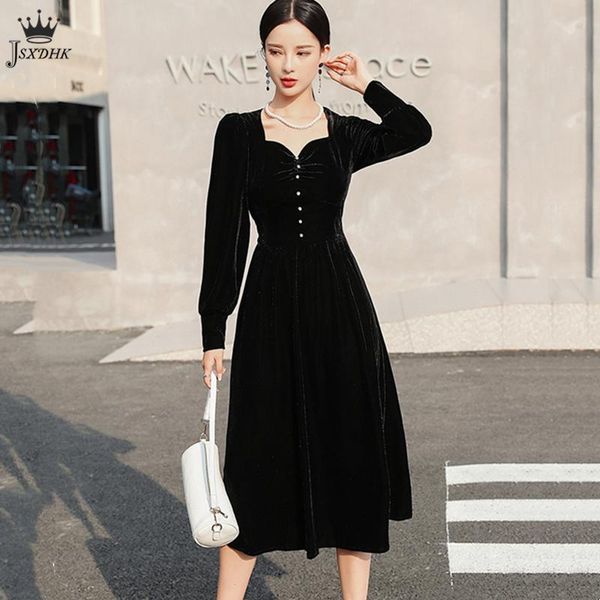 

casual dresses 2021french square collar black velvet dress fashion autumn vintage party bodycon hepburn midi, Black;gray