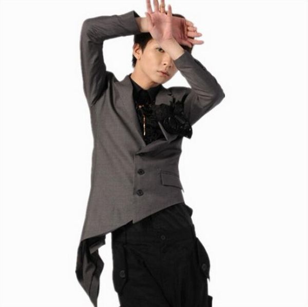 

fashion male irregular slim suit black asymmetrical grey casual men's stage singer costumes clothing suits & blazers, White;black