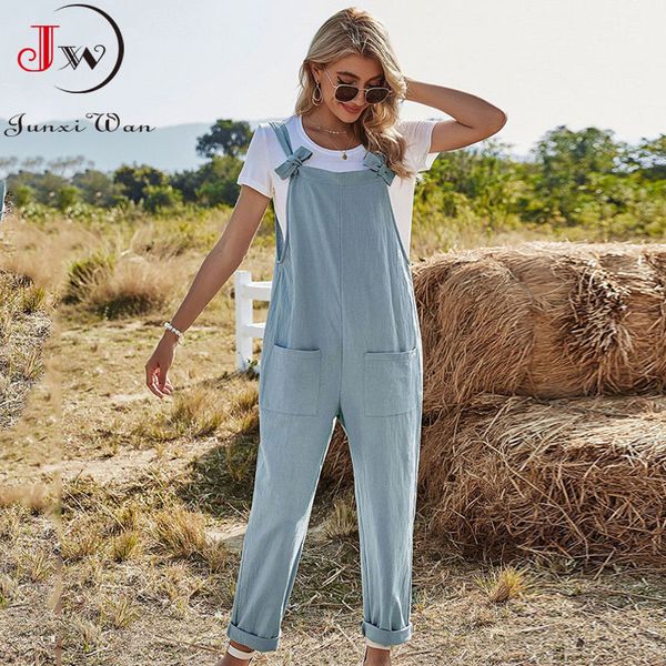 

women casual jumpsuits spring summer high waist solid loose pocket bowknot long trousers rompers female pantalones mujer 210510, Black;white