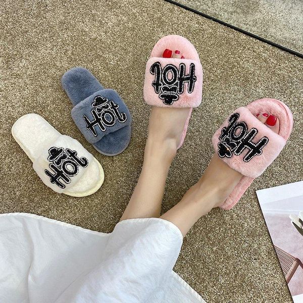 

clearance sale winter autumn women home plush slippers with fur ladies floor bedroom flip flops zapatos de mujer flat shoes, Black