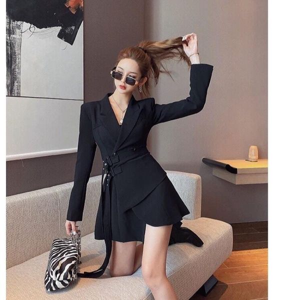 

women's suits & blazers temperament fake two piece lace up suit waist dress summer 2021 korean long sleeve girl, White;black