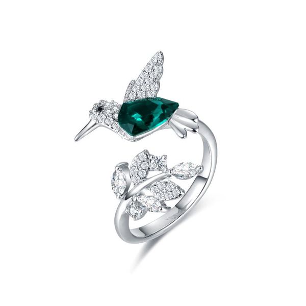 

wedding rings cocom 925 sterling silver hummingbird adjustable ring for women with green austrian crystal luxury jewelry in gift box, Slivery;golden