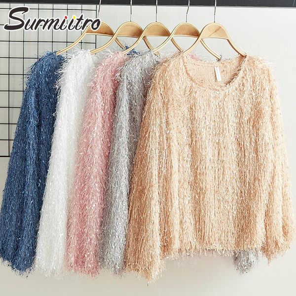 

women's sweaters surmiitro tassel autumn sweater women 2021 fashion blue pink white ladies korean long sleeve pullover female, White;black