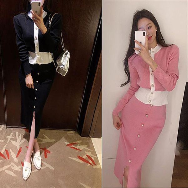 

women autumn pink black colorblock sweater o neck single pearl breasted knit cardigan elastic split long skirt set ol elegant, White;black