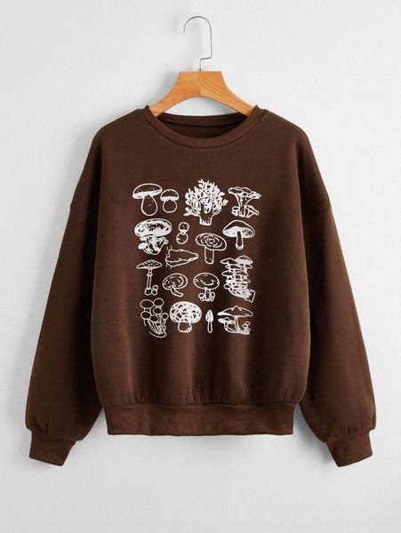 

cartoon mushroom print drop shoulder thermal pullover h8dp#, White;black