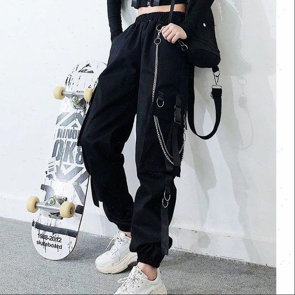 

cargo buckle ribbon pocket womens capris jogger elastic waist high hip hop streetwear harajuku pant chain females trousers, Black;white