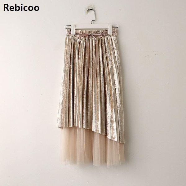 

skirts pleated skirt womens vintage high waist spring summer long metallic female, Black