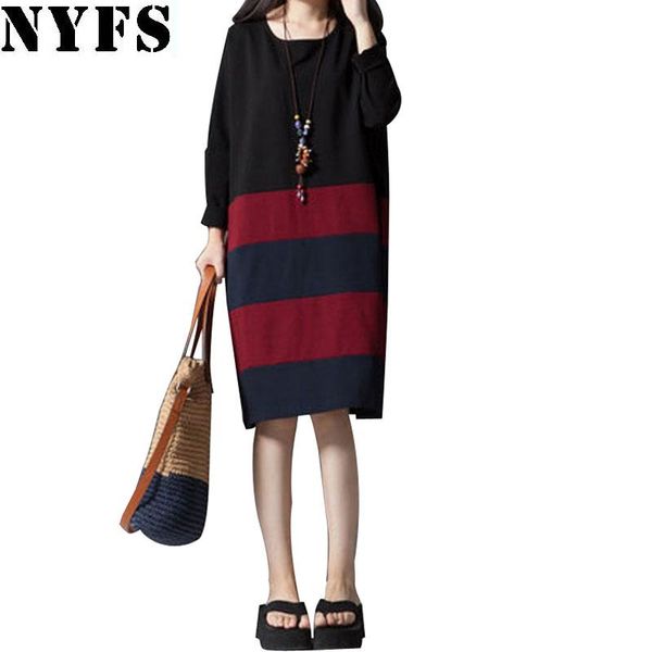 

casual dresses 2021 autumn style long sleeve stripe woman dress plus size cotton linen vestidos robe, Black;gray