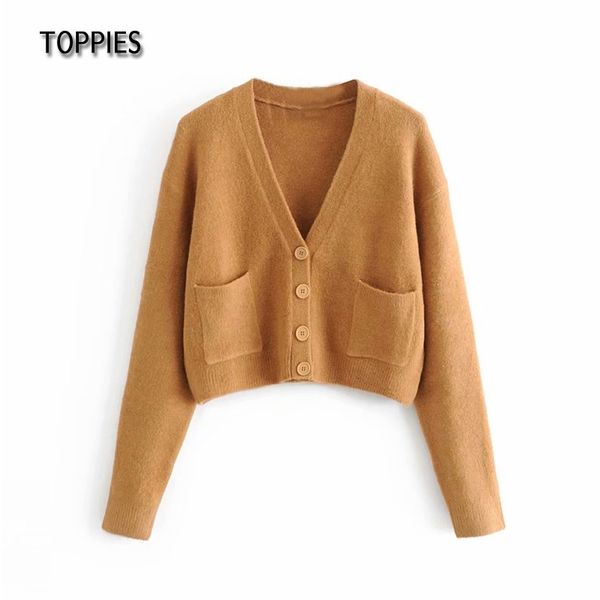 Toppies Frau Crop Pullover Kurze Gestrickte Strickjacken Einreiher Jacke Mantel Kamel Tops Mit Taschen Weibliche Mode Kleidung 210412