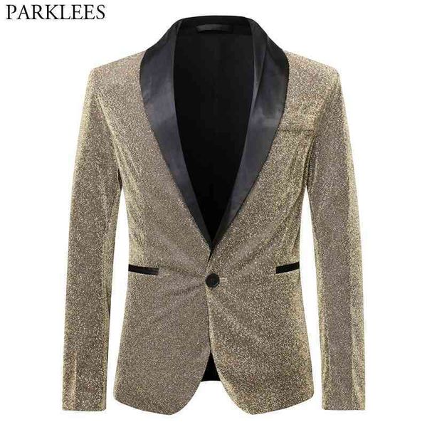 

shiny gold silk glitter blazer jacket men shawl collar one button mens stage costumes nightclub party prom clothers for singers 210522, White;black