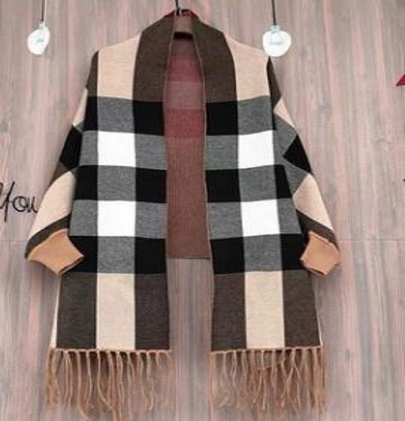 

autumn/winter warm cashmere scarf women with sleeves dual cape capa pashmina tassel heavy coat khaki plaid, Blue;gray