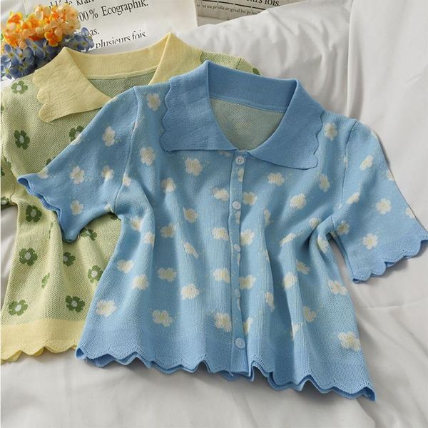 

women's t-shirt daisy print shirts turn-down neck knit t shirt femme single-breasted slim t-shirts casual cardigan ruffle tee summer, White