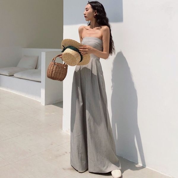 

women's knits & tees fashion female retro-waist thin strapless casual loose overalls color solid leg pants, White