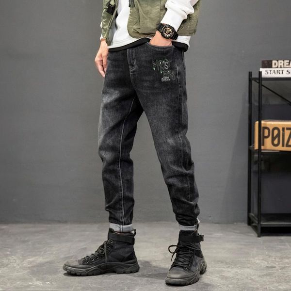 

men's jeans korean style ly fashion men retro black gray elastic slim fit ripped embroidery designer casual denim pants, Blue