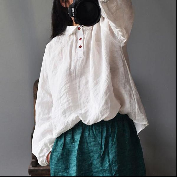 

clothes vintage spring turn women blouses down collar button full sleeve loose leisure ladies, White