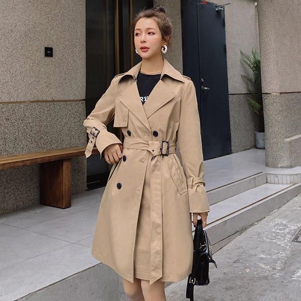

women's trench coats khaki coat for women spring autumn vintage elegant double breasted slim casual mid-long windbreaker belted outerwe, Tan;black