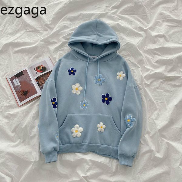 

ezgaga flower hoodies loose autumn winter fashion thick embroidery preppy style kawaii ladies sweatshirt jumper streetwear 210430, Black
