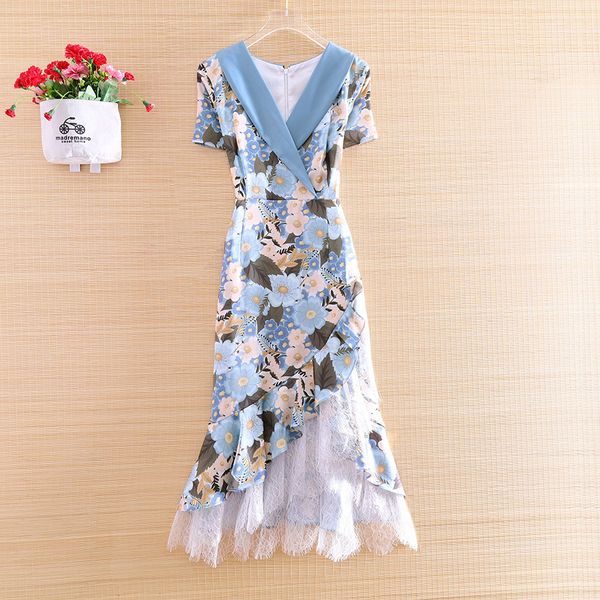 

dress high-end summer fashion women splicing lace print midi dresses slim elegant lady party mermaid dress s-xl, Black;gray