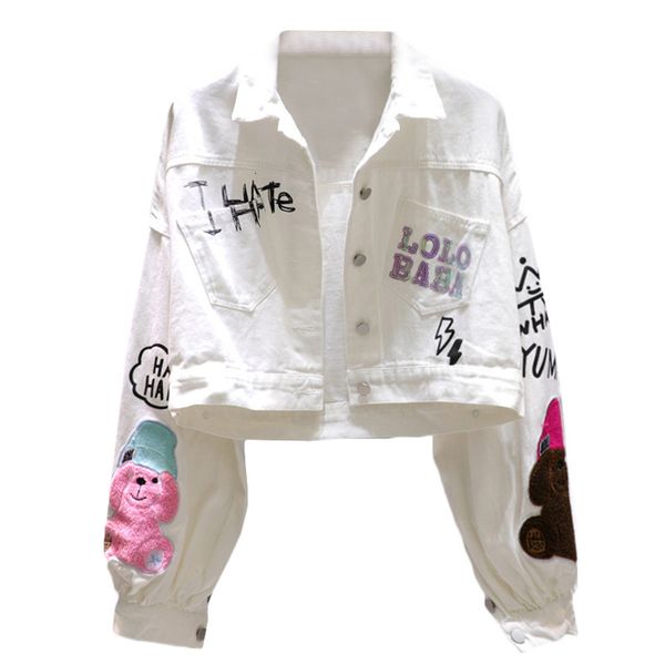 

women's jackets jeans women cartoon bear sequins fashion white denim loose short coat female letter print casual f9ii, Black;brown