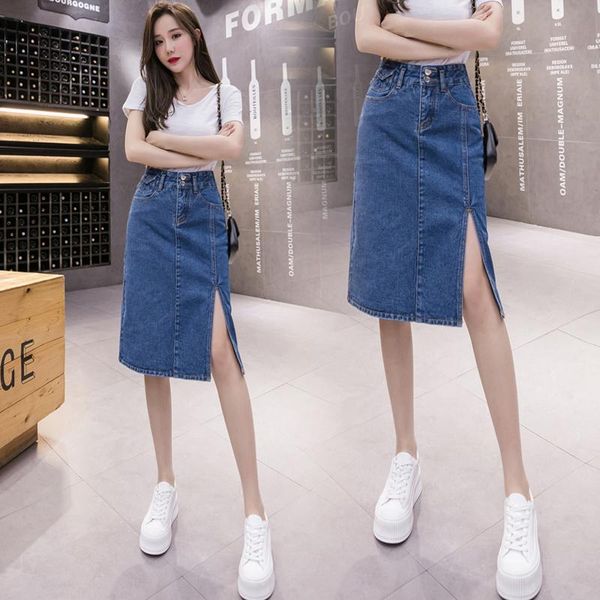 

skirts open fork denim female long during the spring and autumn 2021 small pockets hip a-line in summer, Black