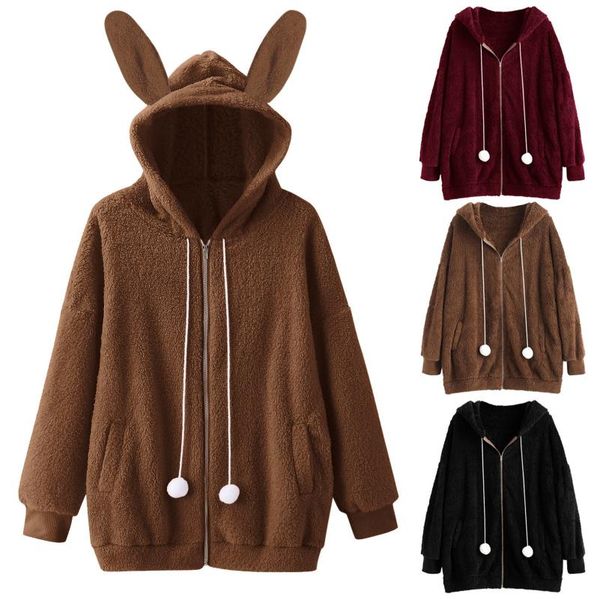 

women's hoodies & sweatshirts women fuzzy ears fleece faux fur jackt coats harajuku casual long sleeve hooded winter female, Black