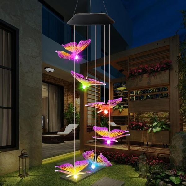 

solar lamps 6led power changeable light ip65 waterproof colorful butterfly wind chime lamp for home outdoor garden yard decoration