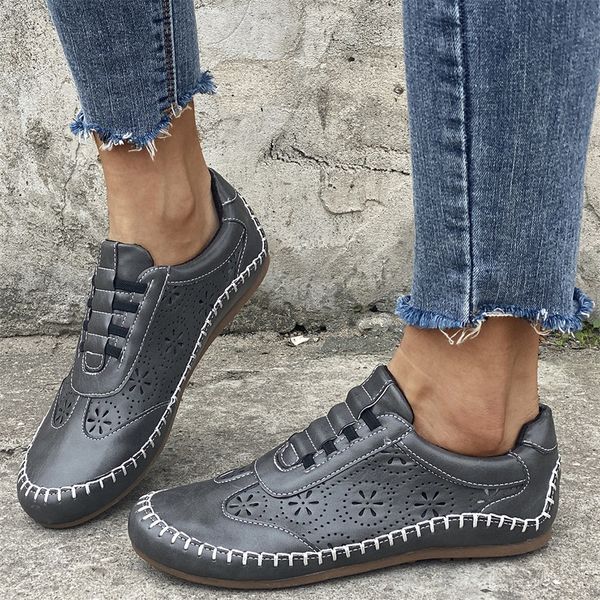 

daily faux leather shoes women 2021 spring new hollow out breathable lace up ladies comfy loafers soft retro flats sneakers