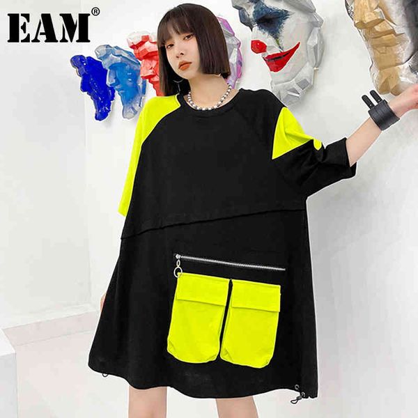 

[eam] women black big size yellow pocket knee-length dress round neck half sleeve loose fashion spring summer 1dd6755 21512, Black;gray