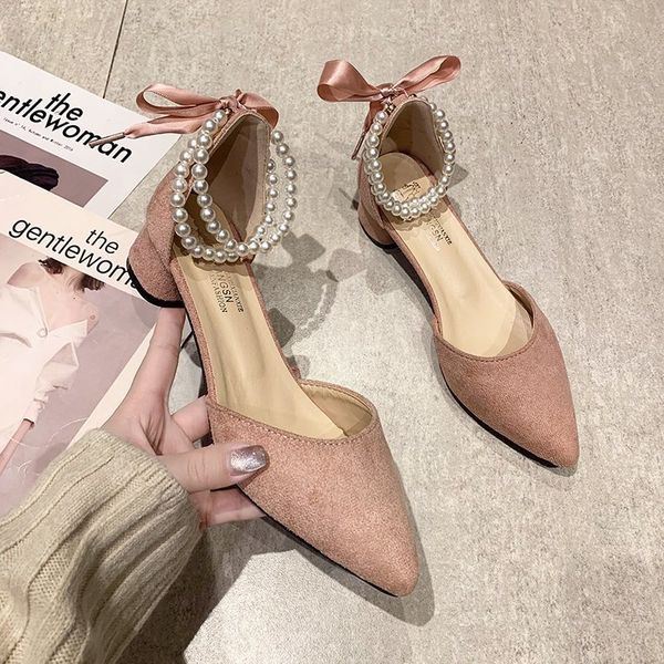 

dress shoes lucyever comfortable med heels women pumps pointed toe pearl strap party woman spring summer fashion thick heel sandal, Black