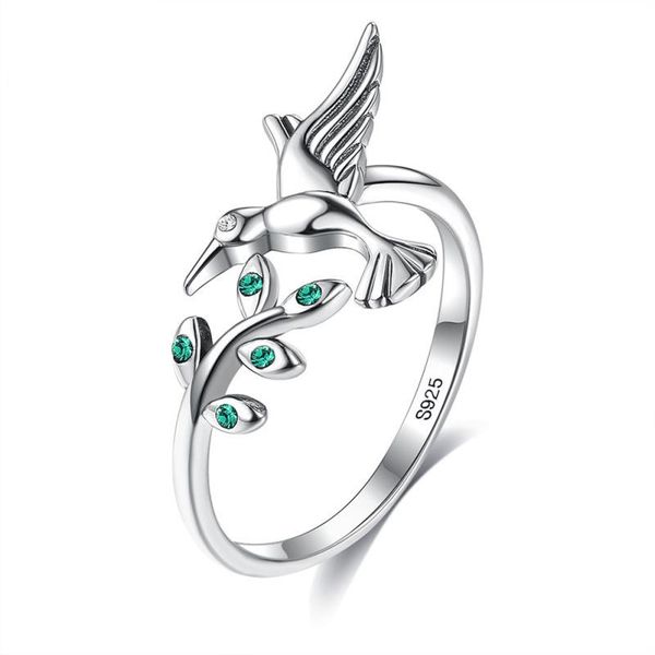 

cluster rings authentic 925 sterling silver bird & spring tree leaves open adjustable for women engagement fine jewelry, Golden;silver