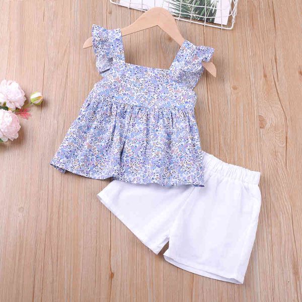 

summer girls' clothes set flying sleeve flower printed + pure color short fashion children's 2-piece 210515, White